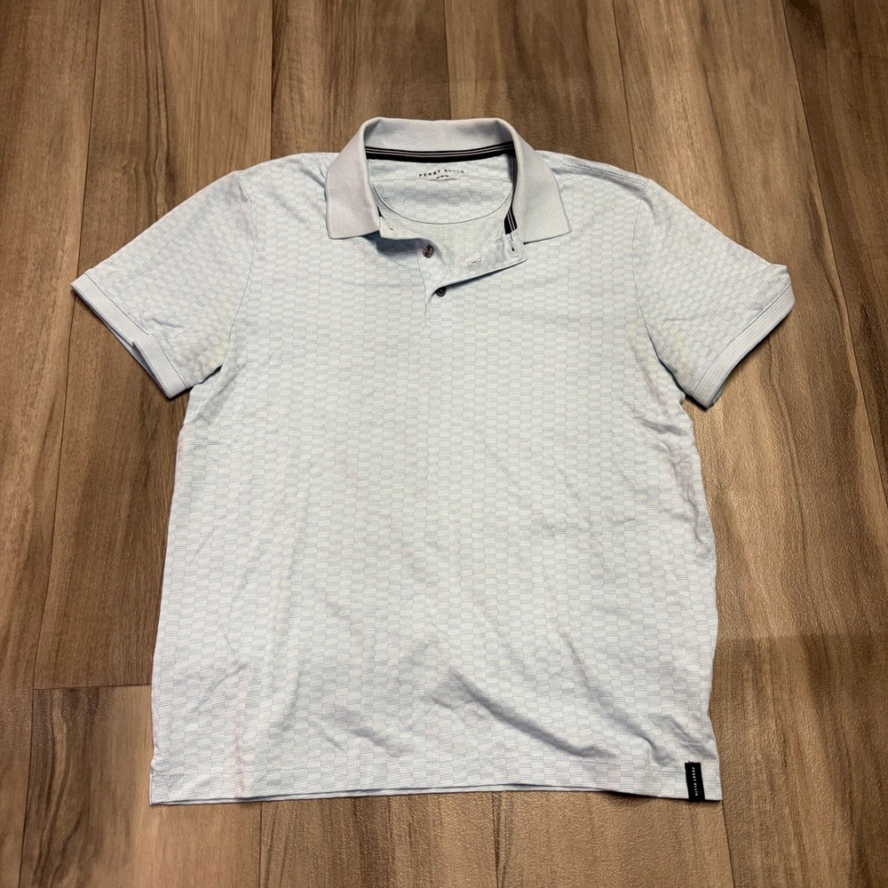 Perry Ellis Mens Medium Light Blue Checkered Jacquard Short Sleeve Polo Shirt